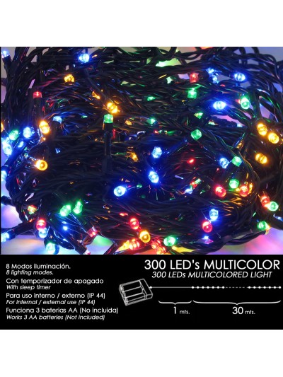 Luces Navidad A Pilas 300 Leds Multicolor Interior / Exterior (IP44)