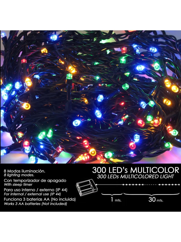 Luces Navidad A Pilas 300 Leds Multicolor Interior / Exterior (IP44)