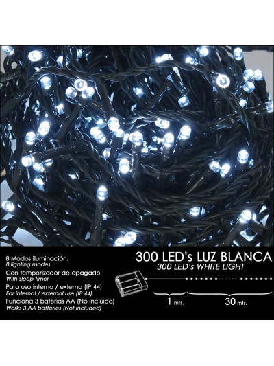 Luces Navidad A Pilas 300 Leds Luz Blanca Interior / Exterior (IP44)