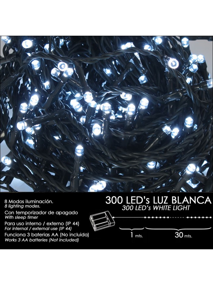 Luces Navidad A Pilas 300 Leds Luz Blanca Interior / Exterior (IP44)