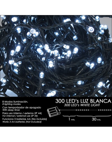Luces Navidad A Pilas 300 Leds Luz Blanca Interior / Exterior (IP44)
