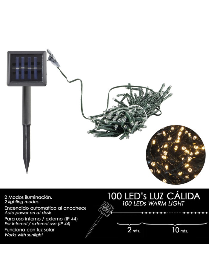 Luces Navidad Solar 100 Leds Luz Cálida Interior / Exterior (IP44)