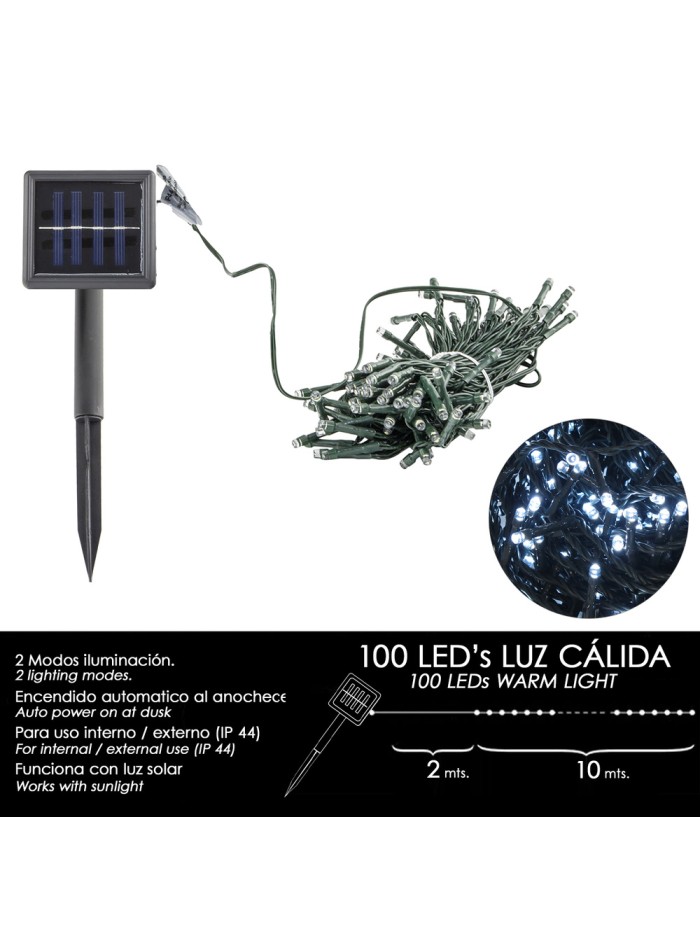 Luces Navidad Solar 100 Leds Luz Blanca Interior / Exterior (IP44)