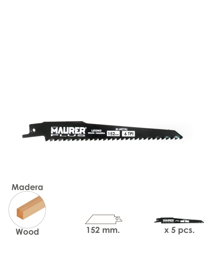 Hoja Para Sierra Sable Madera 152 mm. - 6 TPI Tipo Bosch (5 piezas) Hoja Para Sierra Sable Madera 152 mm. - 6 TPI Tipo Bosch (5 piezas)
