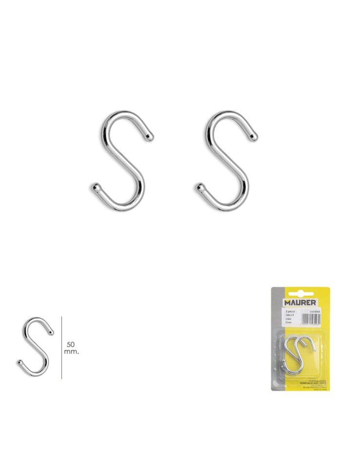 Gancho "S" 50 mm Cromado (Blister 2 piezas) Uso Domestico