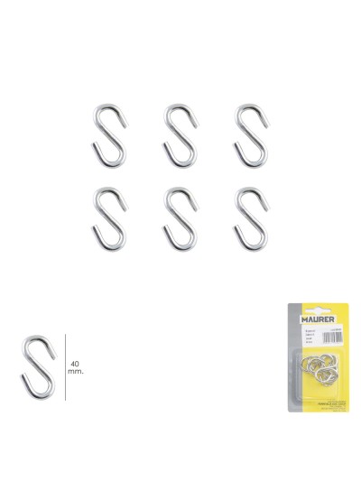 Gancho "S" 40 mm. Zincado (Blister 6 piezas) Uso Domestico