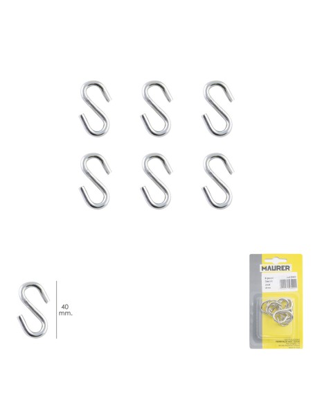 Gancho "S" 40 mm. Zincado (Blister 6 piezas) Uso Domestico