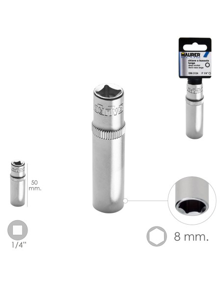LLave Vaso Larga 1/4" / 8 mm. Hexagonal. / Longitud 50 mm. Realizada en Acero Cromo Vanadio
