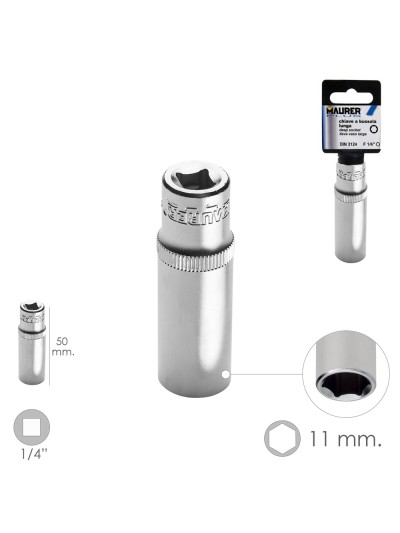 LLave Vaso Larga 1/4" / 11 mm. Hexagonal. / Longitud 50 mm. Realizada en Acero Cromo Vanadio