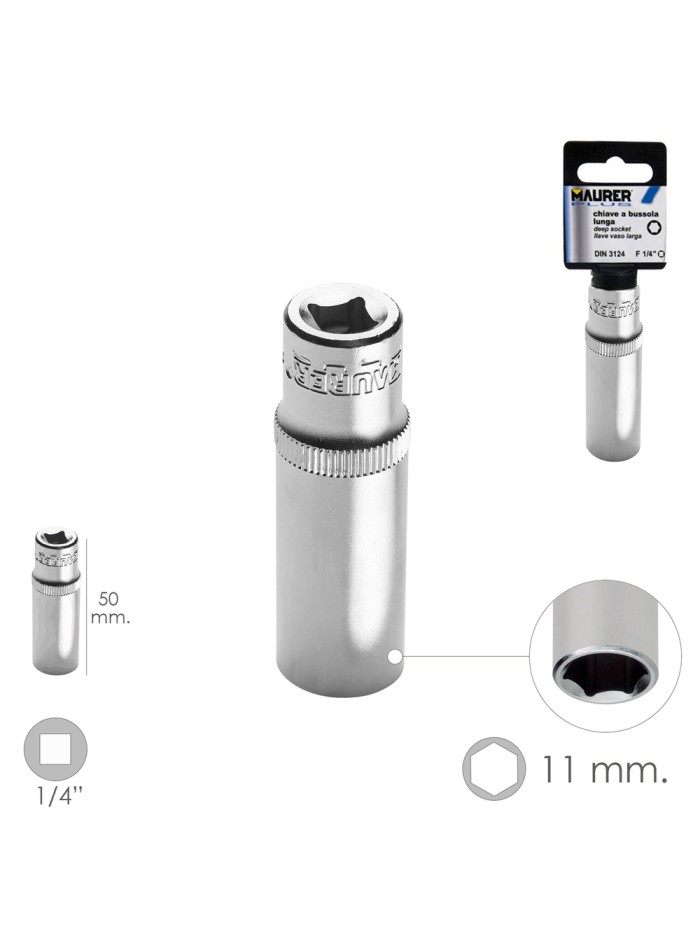 LLave Vaso Larga 1/4" / 11 mm. Hexagonal. / Longitud 50 mm. Realizada en Acero Cromo Vanadio