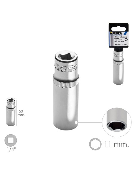 LLave Vaso Larga 1/4" / 11 mm. Hexagonal. / Longitud 50 mm. Realizada en Acero Cromo Vanadio