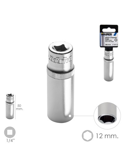 LLave Vaso Larga 1/4" / 12 mm. Hexagonal. / Longitud 50 mm. Realizada en Acero Cromo Vanadio