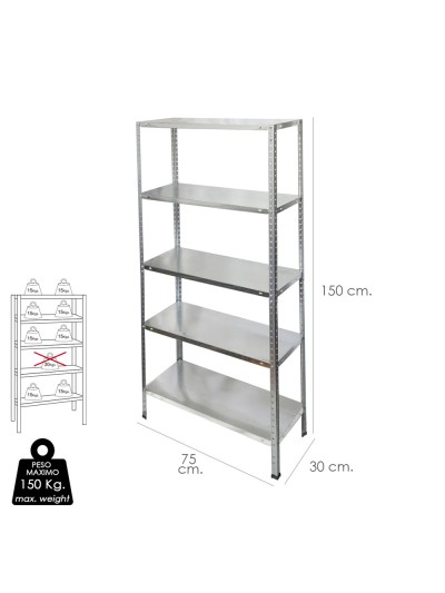 Estanteria Acero Galvanizado con 5 Baldas 150x75x30 cm. Baldas ajustables. Peso maximo 150 Kg.