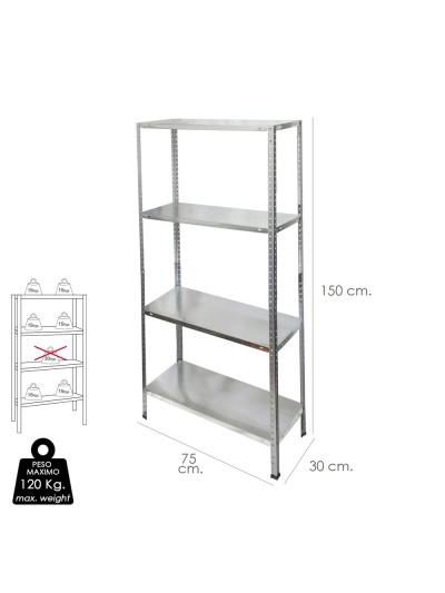 Estanteria Acero Galvanizado con 4 Baldas 150x75x30 cm. Baldas ajustables. Peso maximo 120 Kg.