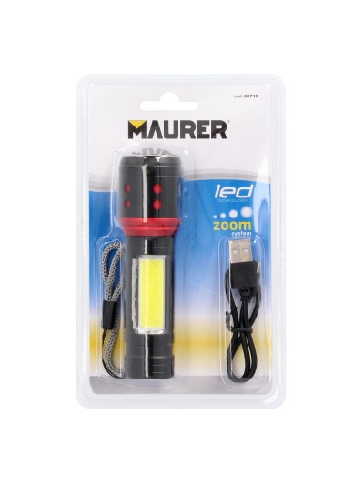 Linterna LED De Mano Metalica Bateria Recargable (1.200 mAh) Luz Frontal / Lateral Hasta 300 Lumenes 5 Watt. Con Función Zoom