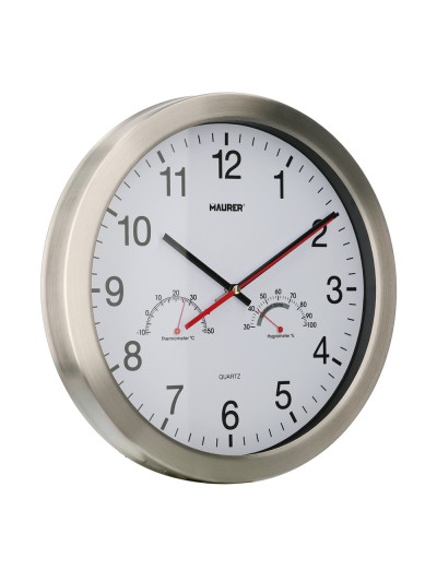 Reloj De Pared Ø 30 cm. Con Higrometro y Termometro. Frontal En Acero