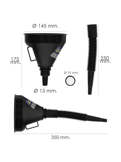 Embudo Boca Ancha Ø 145 mm.Con Prolongador Flexible y Filtro Metalico. Embudo gasoil, embudo gasolina, embudo combustible
