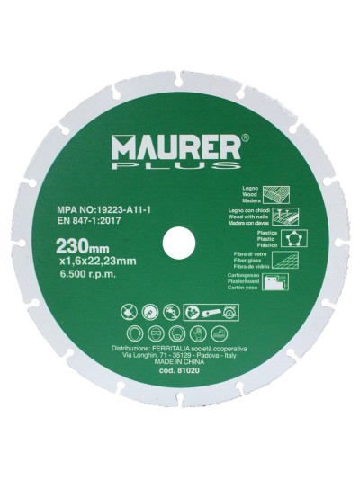 Disco De Corte Para Madera y Plasticos Ø 230 x 1,6 mm.