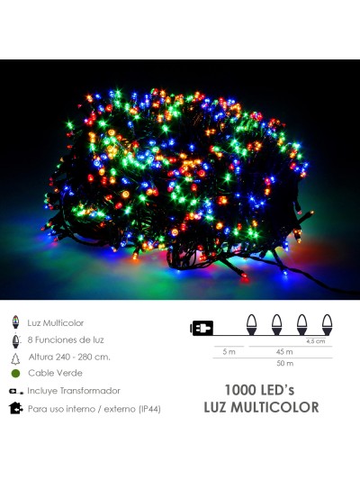 Guirnalda Luces Navidad 1000 Leds Multicolor. Luz Navidad Interiores y Exteriores Ip44