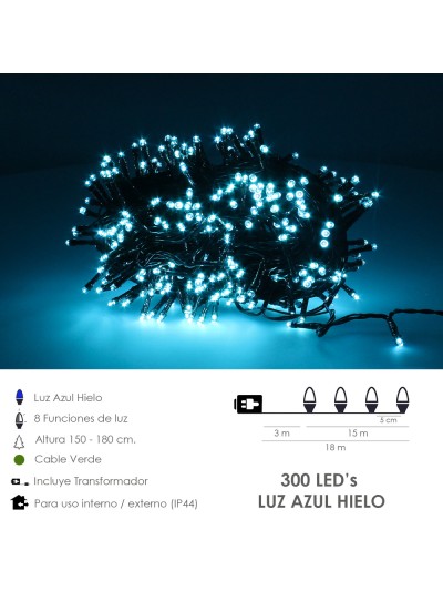 Guirnalda Luces Navidad 300 Leds Color Azul Hielo. Luz Navidad Interiores y Exteriores Ip44