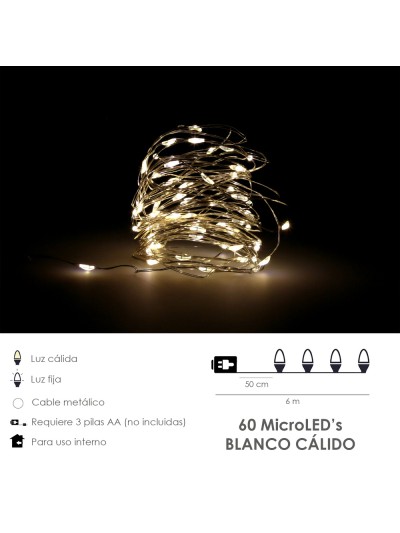 Guirnalda Luces Navidad Microled 60 Leds Color Blanco Calido.Luz navidad interiores IP20 A Pilas (3 AA No Incluidas)
