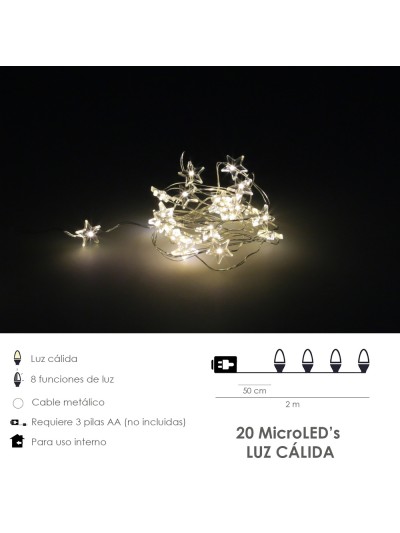 Guirnalda Luces Navidad Estrellas 20 Leds Color Blanco Calido.Luz navidad interiores y exteriores IP44 A Pilas 3AA (No Incluida)