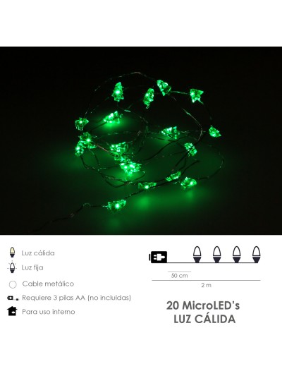 Guirnalda Luces Navidad Arboles 20 Leds Color Verde. Luz navidad interiores IP20 A Pilas 3AA (No Incluida)
