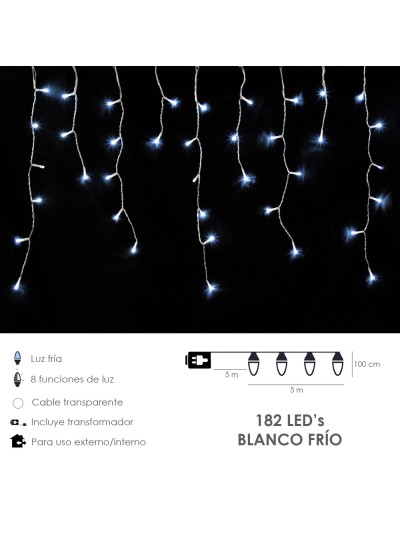 Guirnalda Luces Navidad Cortina 5x1 Metros 182 Leds Blanco Frio. Luz Navidad Interiores y Exteriores Ip44. Cable Transparente