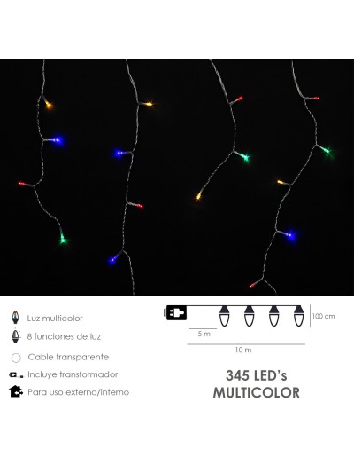 Guirnalda Luces Navidad Cortina 10x1 Metros 345 Leds Multicolor. Luz Navidad Interiores y Exteriores Ip44. Cable Transparente