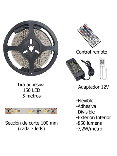 Tira Led Multicolor Rgb Con Mando Adhesiva Con 150 Leds 36 W 12 V. 850 Lumenes Luz Multicolor IP 20 5 Metros