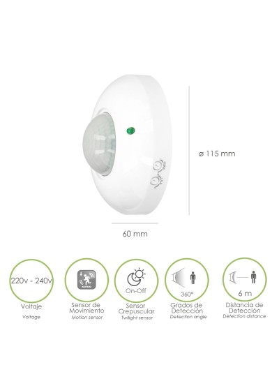 Detector De Movimiento Por Infrarrojos Con Sensor Crepuscular 360°. Ajustable