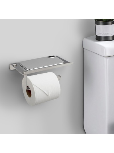 Portarrollos Baño Con Estante Para Moviles Autoadhesivo, Color Inox Con Efecto Espejo, Autoadhesivo Resistente o Con Tornillos