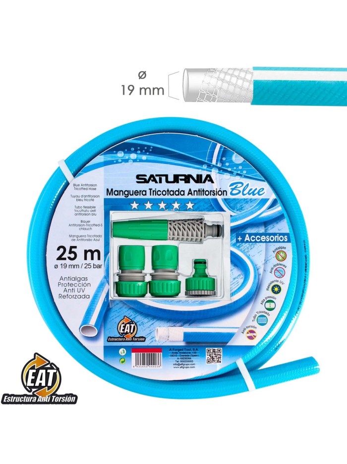 Manguera Tricotada No Torsion Blue Ø 19 mm. Rollo 25 metros. Con Accesorios,  Manguera Anti Torsion, Manguera Sin Dobleces,