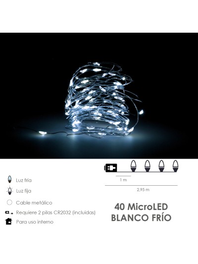 Guirnalda Luces Navidad Microled 40 Leds Color Blanco Frio. Luz navidad interiores IP20 A Pilas (2 CR2032 Incluidas)
