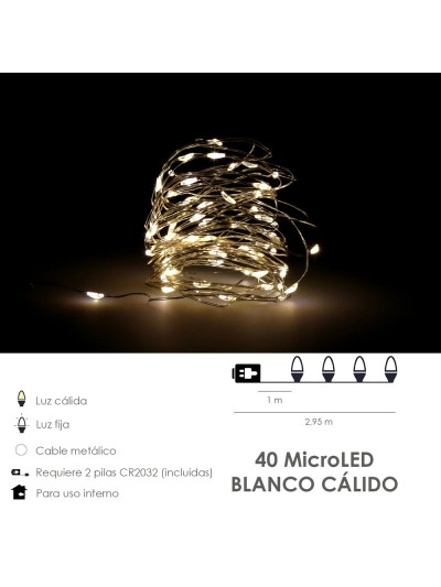 Guirnalda Luces Navidad Microled 40 Leds Color Blanco Calido. Luz navidad interiores IP20 A Pilas (3 AA No Incluidas)