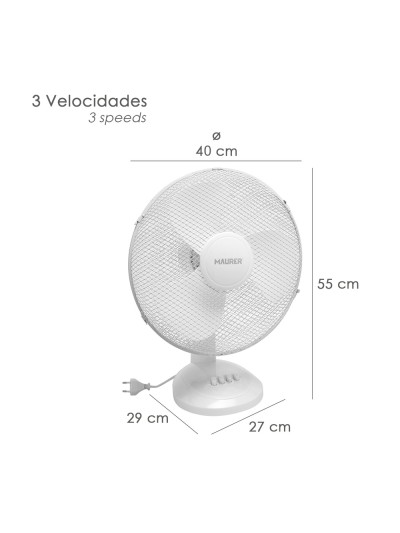 Ventilador Maurer Mesa Ø 40 cm. 45 W. Aspas gran tamaño, Inclinación ajustable, 3 velocidades