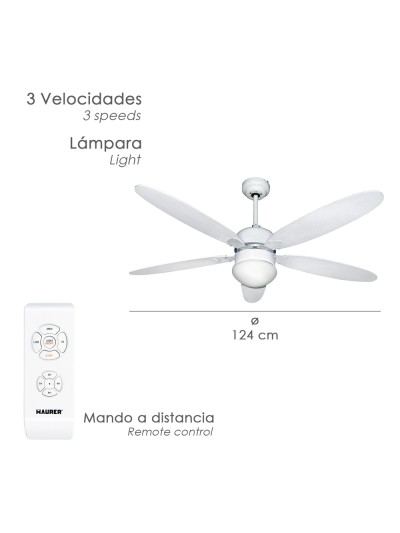 Ventilador Techo Ø 124 cm. 70 Watt. Con Luz y Mando A Distancia 5 Aspas y 3 Velocidades. Con temporizador
