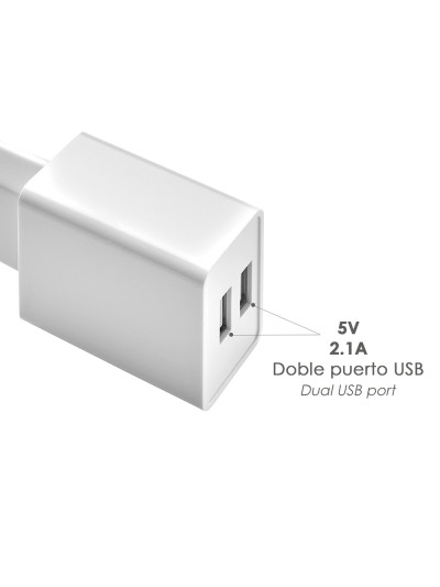 Cargador USB Dos Tomas 2.1 Amperios. 5 V. Adaptador Enchufe USB Cargador USB de Pared, Android, Iphone, Smartphones, Tablets.