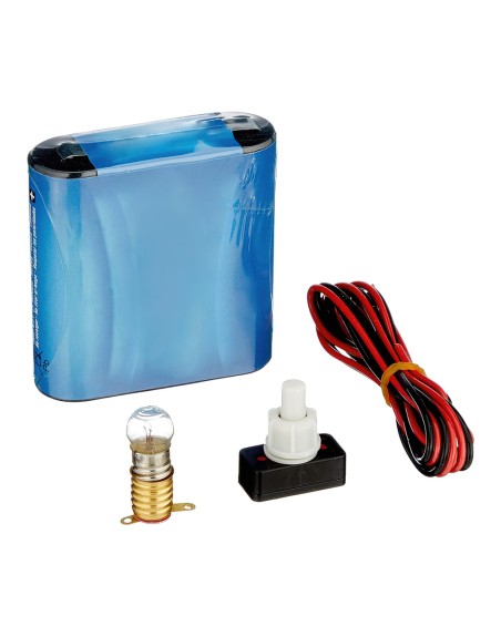 Kit Eléctrico Escolar, Set para el Colegio, Pila Petaca 4.5V, Interruptor 220V, Cable y Bombilla.
