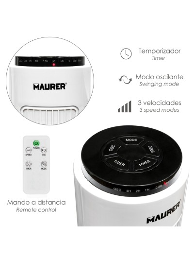 Ventilador Maurer Torre 73 cm 3 Velocidades. Funcion Oscilante. Con Temporizador y Mando a Distancia.