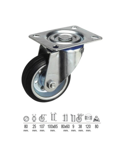 Rueda Industrial Goma Negra Placa   80 mm.