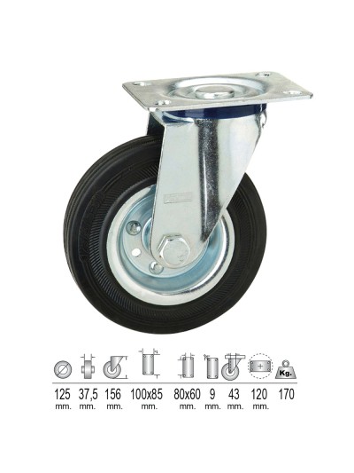 Rueda Industrial Goma Negra Placa  125 mm.