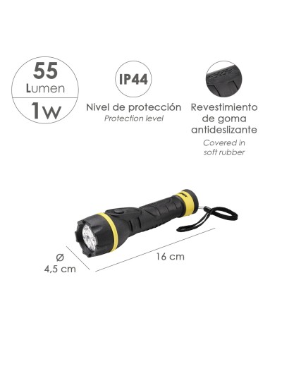 Linterna LED De Mano Goma Antideslizante A Pilas (2 AA) 55 Lumenes 1 Watt. Protección Ip44
