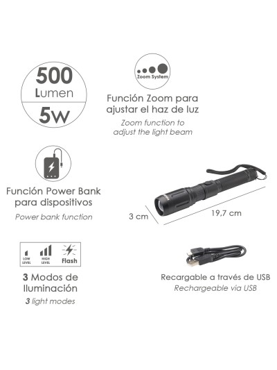 Linterna LED De Mano Con Bateria Recargable Con Función Powerbank ( 2.000 mAh) 500 Lumenes (5 Watt.) Con Función Zoom