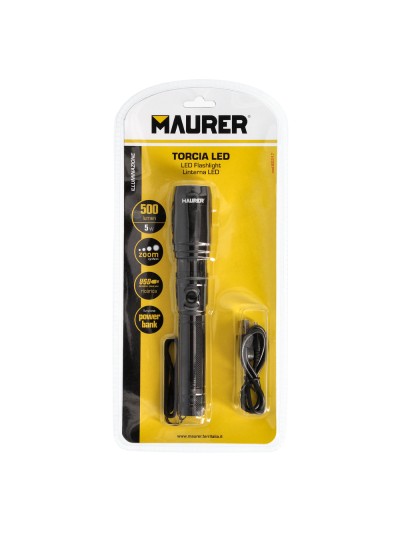 Linterna LED De Mano Con Bateria Recargable Con Función Powerbank ( 2.000 mAh) 500 Lumenes (5 Watt.) Con Función Zoom
