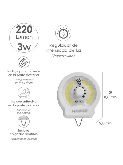 Linterna LED Armario Dinmerable A Pilas (3 AAA) 220 Lumenes Con Iman, Gancho y Adhesivo