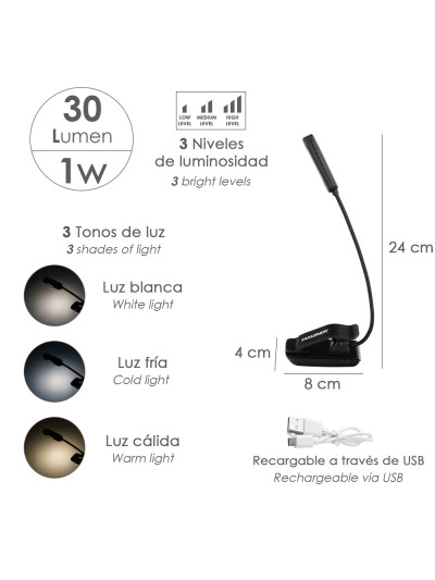 Linterna LED De Mesa / Lectura  Bateria Recargable (1.000 mAh) 30 Lumenes Con Clip, 3 Tonos De Luz y 3 Niveles De Luminosidad
