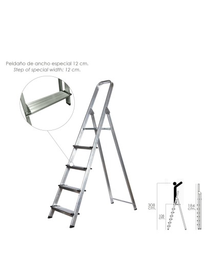 Escalera Doméstica Aluminio Profesional 5 Peldaños 12 cm Grosor.