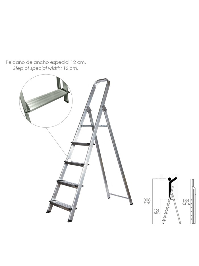 Escalera Doméstica Aluminio Profesional 5 Peldaños 12 cm Grosor.
