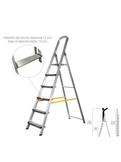 Escalera Doméstica Aluminio Profesional 6 Peldaños 12 cm Grosor.